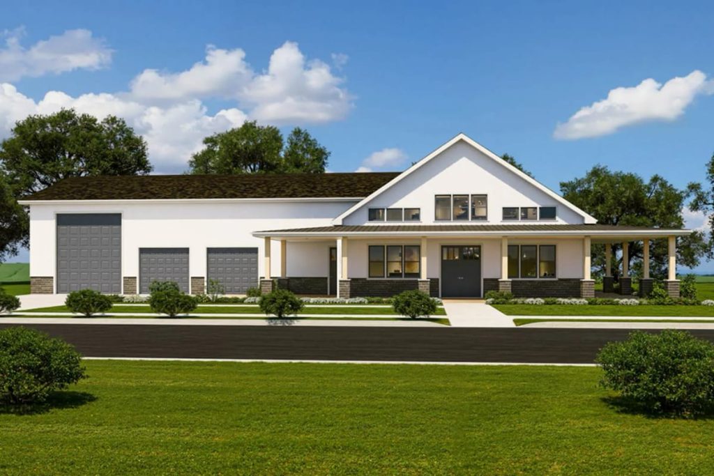 Lovely Harbor 44 Modern farmhouse exterior with wraparound porch and multiple large garage doors