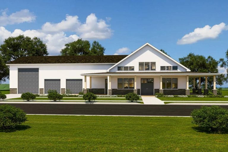 Modern farmhouse exterior with wraparound porch and multiple large garage doors
