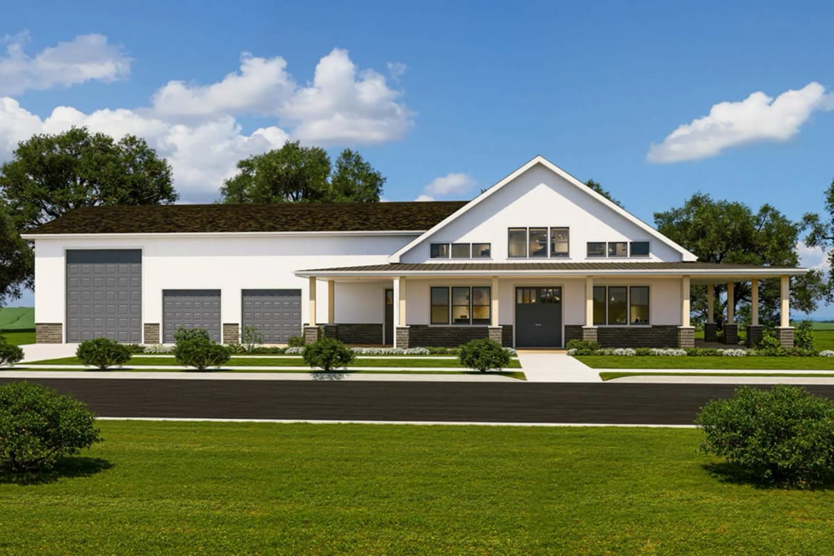 Modern farmhouse exterior with wraparound porch and multiple large garage doors