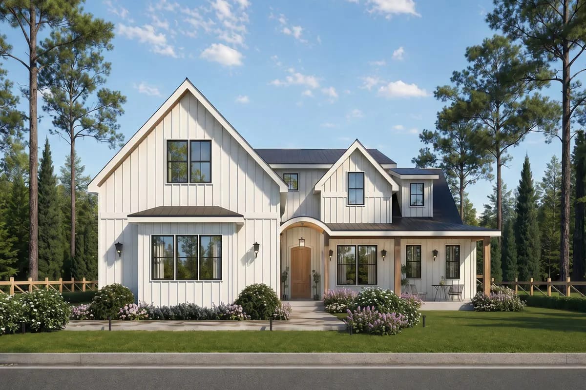 Modern farmhouse exterior with white siding, black windows, metal roof, and front porch