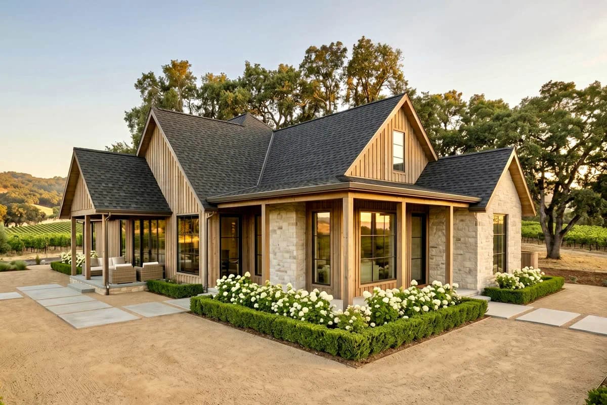 Contemporary farmhouse with gabled roof, stone and wood siding, large windows, and manicured landscaping
