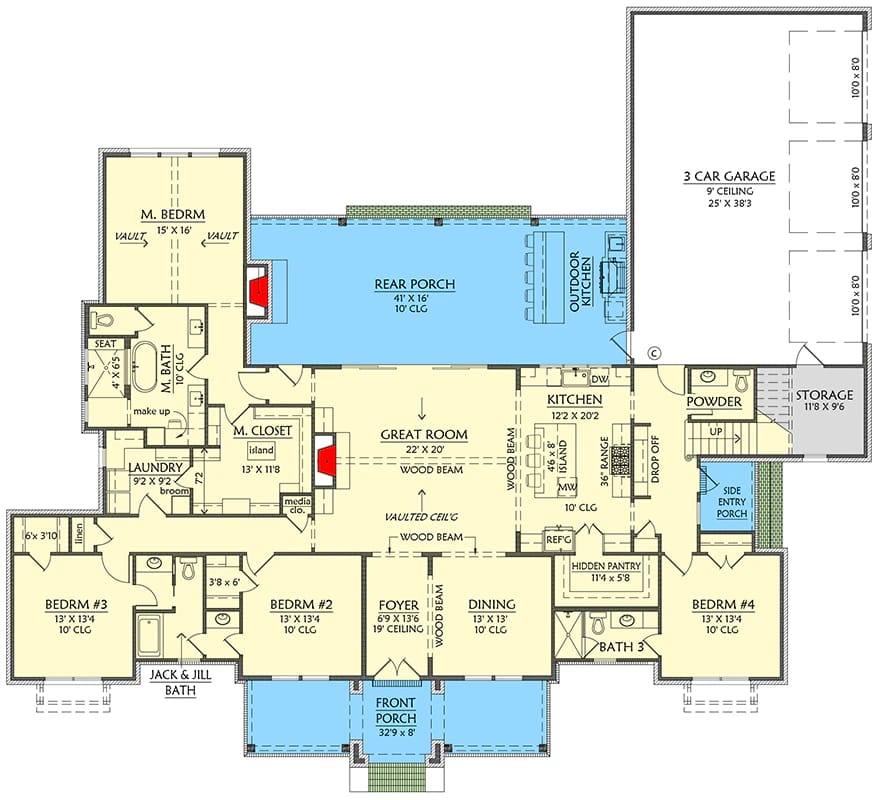 4-Bedroom Modern Farmhouse House Plan with an Outdoor Kitchen and Fireplace (3,594 Sq. Ft. Floor Plan) 2 Floor plan layout of a 4-bedroom modern farmhouse showing labeled rooms including a rear porch with an outdoor kitchen and fireplace, spacious great room, kitchen, dining area, master suite, three additional bedrooms, laundry, bathrooms, a three-car garage, and storage area, illustrating the 3,594 sq. ft. house design.