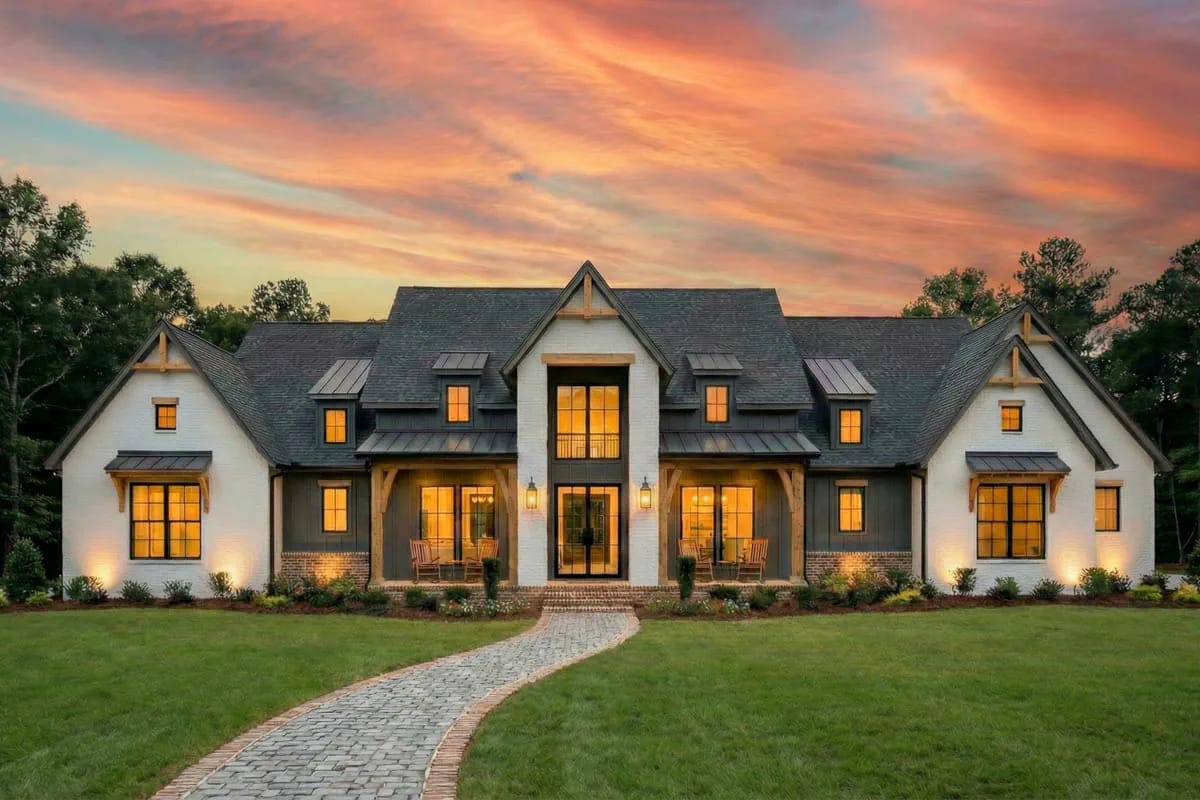 Modern farmhouse exterior with white brick, dark siding, gabled roof, and warm evening lighting