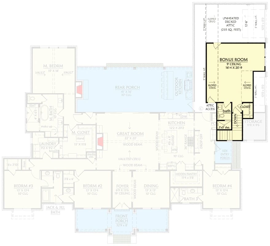 4-Bedroom Modern Farmhouse House Plan with an Outdoor Kitchen and Fireplace (3,594 Sq. Ft. Floor Plan) 3 Floor plan of a 4-bedroom modern farmhouse house plan featuring labeled rooms, a great room, kitchen, rear porch, outdoor kitchen, and bonus room, illustrating the layout for an article about a farmhouse house plan with an outdoor kitchen.