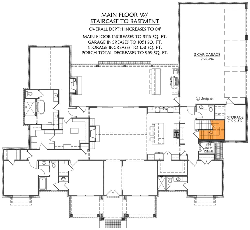 4-Bedroom Modern Farmhouse House Plan with an Outdoor Kitchen and Fireplace (3,594 Sq. Ft. Floor Plan) 4 Main floor blueprint of a 4-bedroom modern farmhouse house plan featuring labeled rooms, a 3-car garage, storage area, and highlighted staircase to basement, supporting the article topic of a farmhouse house plan with an outdoor kitchen and fireplace.