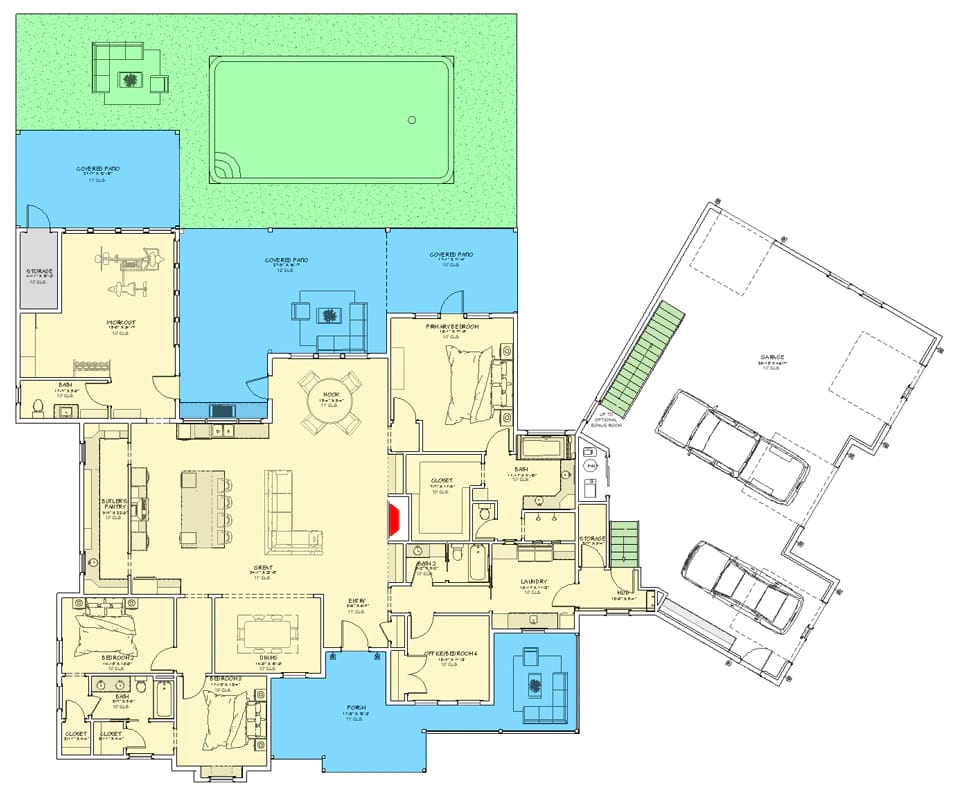4-Bedroom Modern Farmhouse House Plan with a 52-Foot Covered Patio (3,544 Sq. Ft. Floor Plan) 2 4 bedroom modern farmhouse house plan with covered patio 1