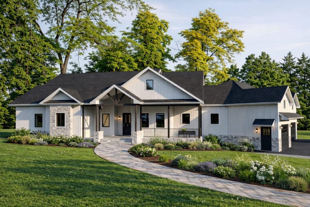 Lovely Harbor 48 Modern farmhouse exterior with gabled roof, stone accents, and covered front porch