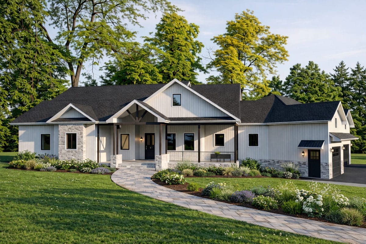 Modern farmhouse exterior with gabled roof, stone accents, and covered front porch