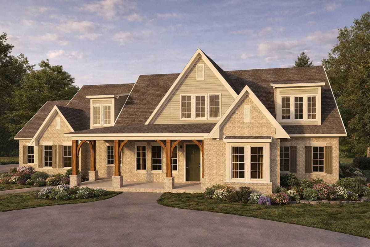 Traditional home exterior with gables, brick and siding, timber porch columns, and dormer windows.