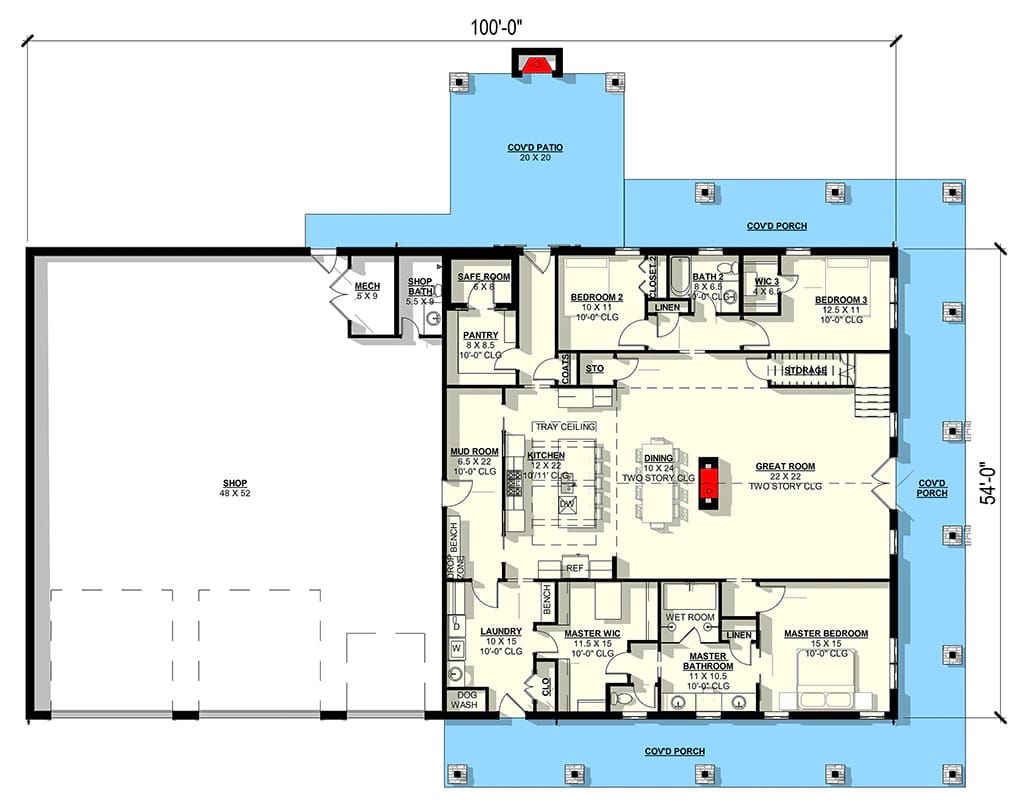 7 beds modern barndominium house plan with 3 car garage and wrap around porch 1