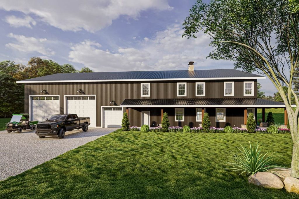 Modern farmhouse exterior with large attached garage and covered front porch