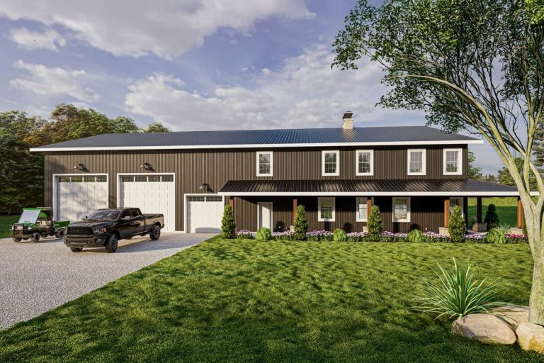 Modern farmhouse exterior with large attached garage and covered front porch