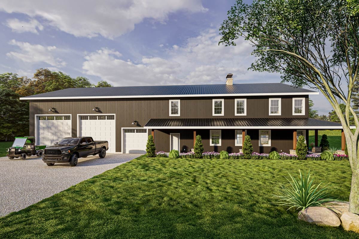 Modern farmhouse exterior with large attached garage and covered front porch