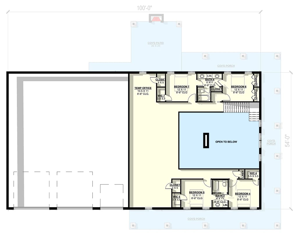 7 beds modern barndominium house plan with 3 car garage and wrap around porch 1
