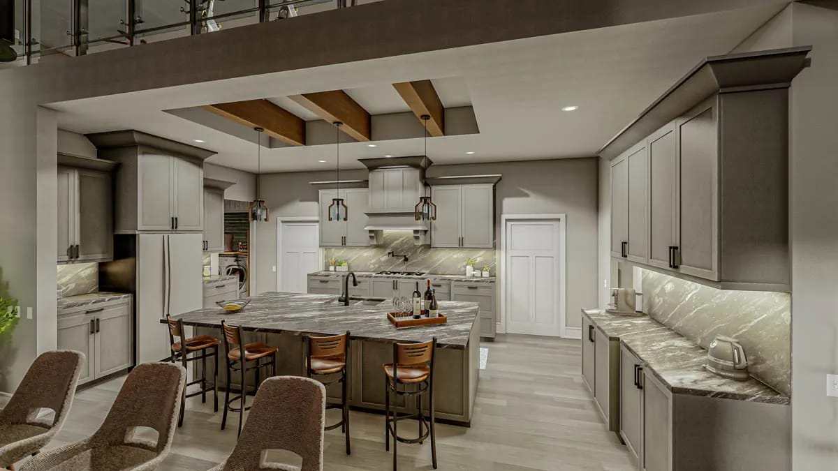 a 22-foot kitchen under dark beams 1