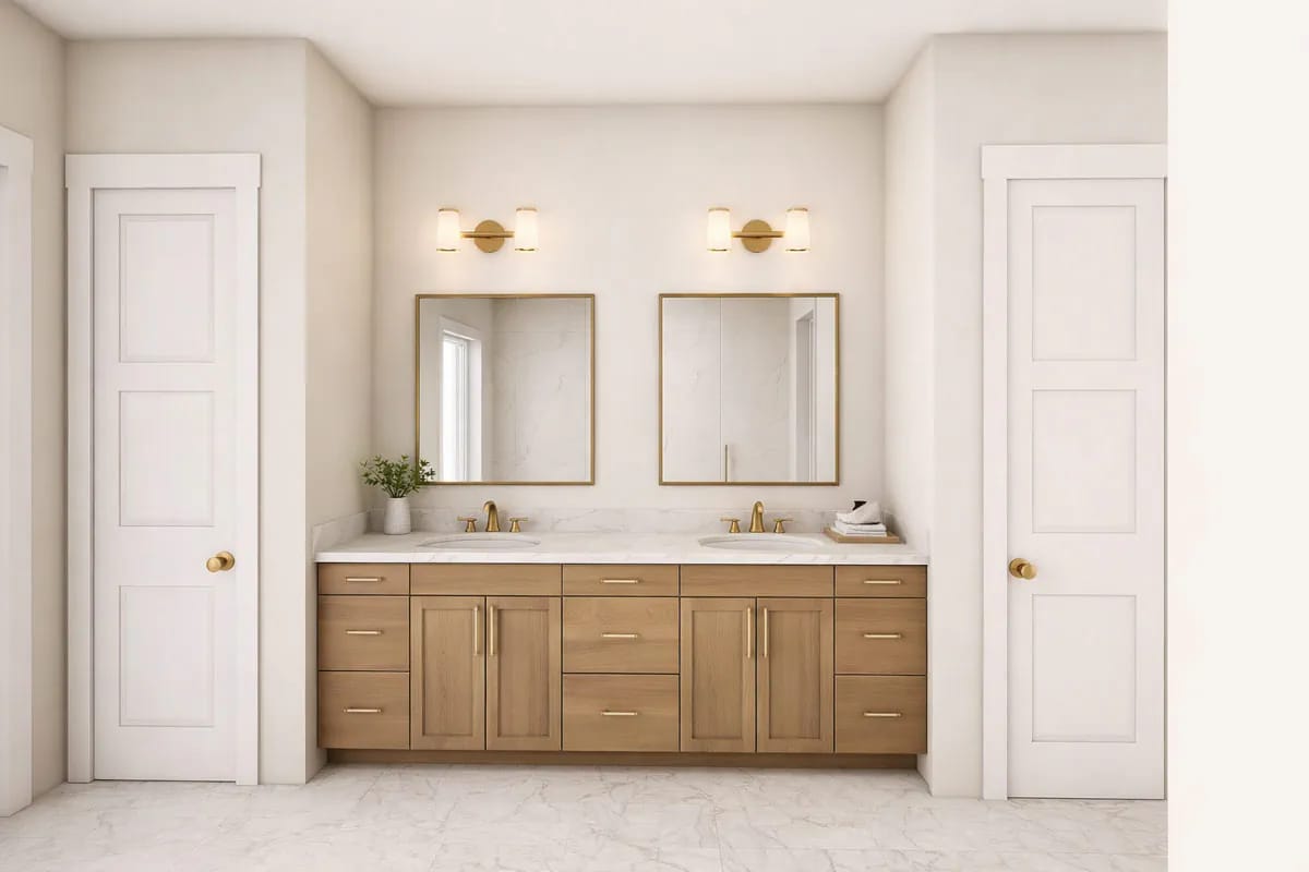 5-Bedroom New American House Plan with a 3-Car Side-Entry Garage (4,125 Sq. Ft. Floor Plan) 9 a double-vanity bath in light oak, brushed gold and marble-look porcelain 1