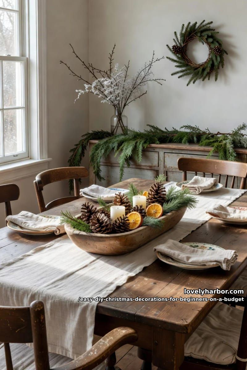 12 Easy DIY Christmas Decorations for Beginners on a Budget 24 a foraged pinecone and greenery centerpiece 23