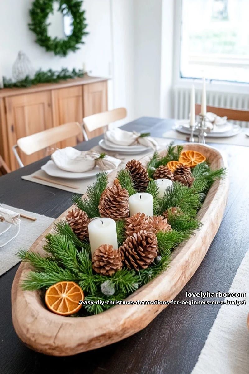 12 Easy DIY Christmas Decorations for Beginners on a Budget 25 a foraged pinecone and greenery centerpiece 24