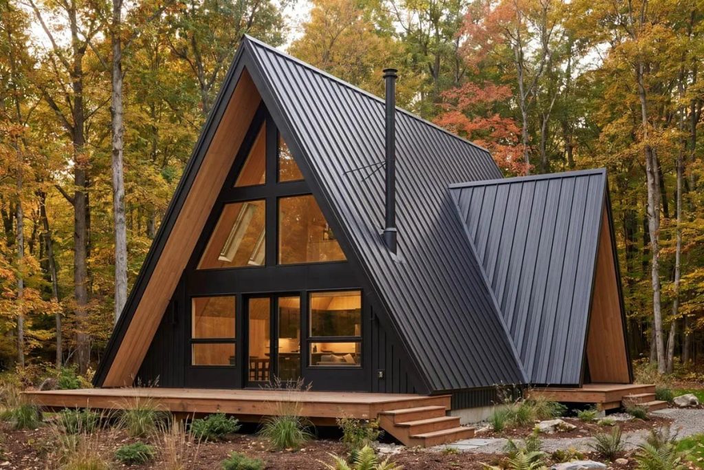 Modern A-frame cabin with black metal siding, large windows, and wood deck in a forest setting.