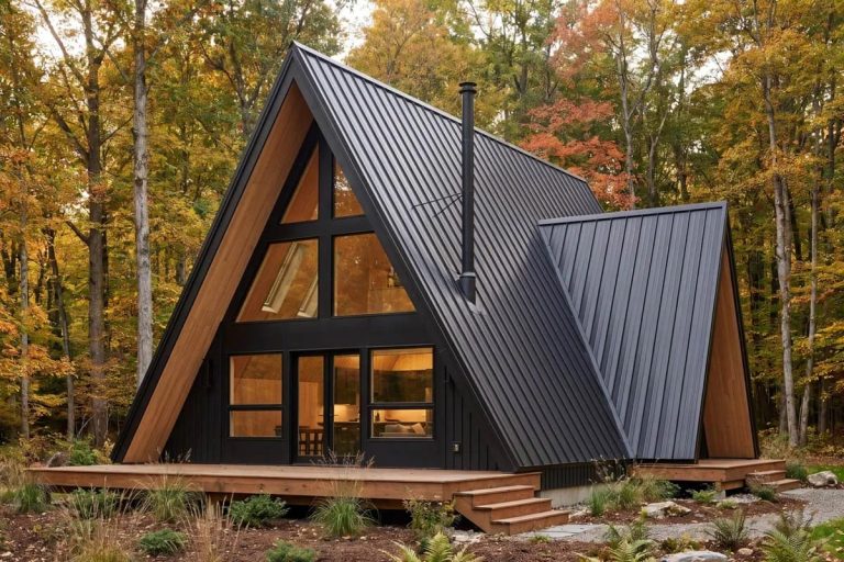 Modern A-frame cabin with black metal siding, large windows, and wood deck in a forest setting.