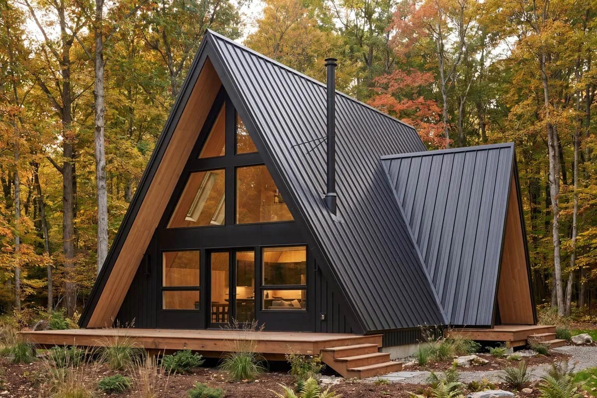 Modern A-frame cabin with black metal siding, large windows, and wood deck in a forest setting.