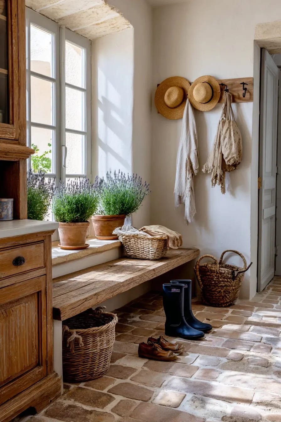 French Mudroom Ideas That Hold Up to Actual Mud 1 A French mudroom featuring a stone tile floor, wooden bench, woven baskets, potted lavender plants on the windowsill, rubber boots, shoes, hats, and bags hanging on hooks, illustrating practical French mudroom ideas that withstand actual mud.