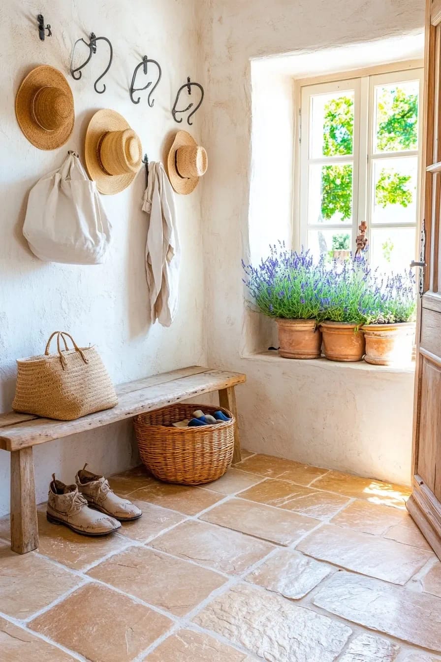 French Mudroom Ideas That Hold Up to Actual Mud 2 A French mudroom featuring a stone tile floor, a wooden bench with a woven basket underneath, straw hats and bags hanging on wall hooks, potted lavender on the window sill, and natural light streaming through a window, illustrating practical French mudroom ideas.