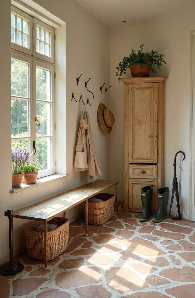French Mudroom Ideas That Hold Up to Actual Mud 3 Bright French mudroom featuring a terracotta stone floor, rustic wooden bench with wicker baskets, tall wooden cabinet, potted plants, hanging coat and hat, green boots, and umbrella, highlighting practical French mudroom design