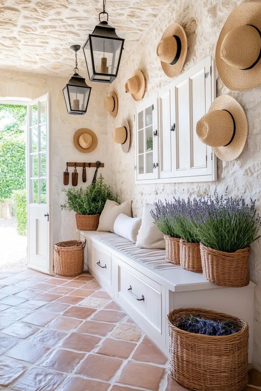 French Mudroom Ideas That Hold Up to Actual Mud 4 A French mudroom featuring a terracotta tile floor, stone walls, white built-in bench with cushions, wicker baskets filled with lavender and greenery, straw hats hanging on the wall, and large black lantern lights, illustrating French mudroom ideas that hold up to actual mud.