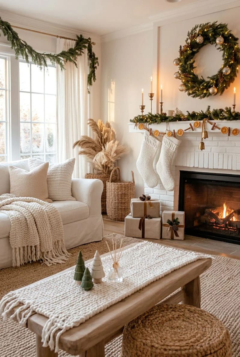Farmhouse Christmas Mantel Decorating Ideas That Skip the Store-Bought Look 4 a neutral farmhouse mantel only works if you layer real texture 1