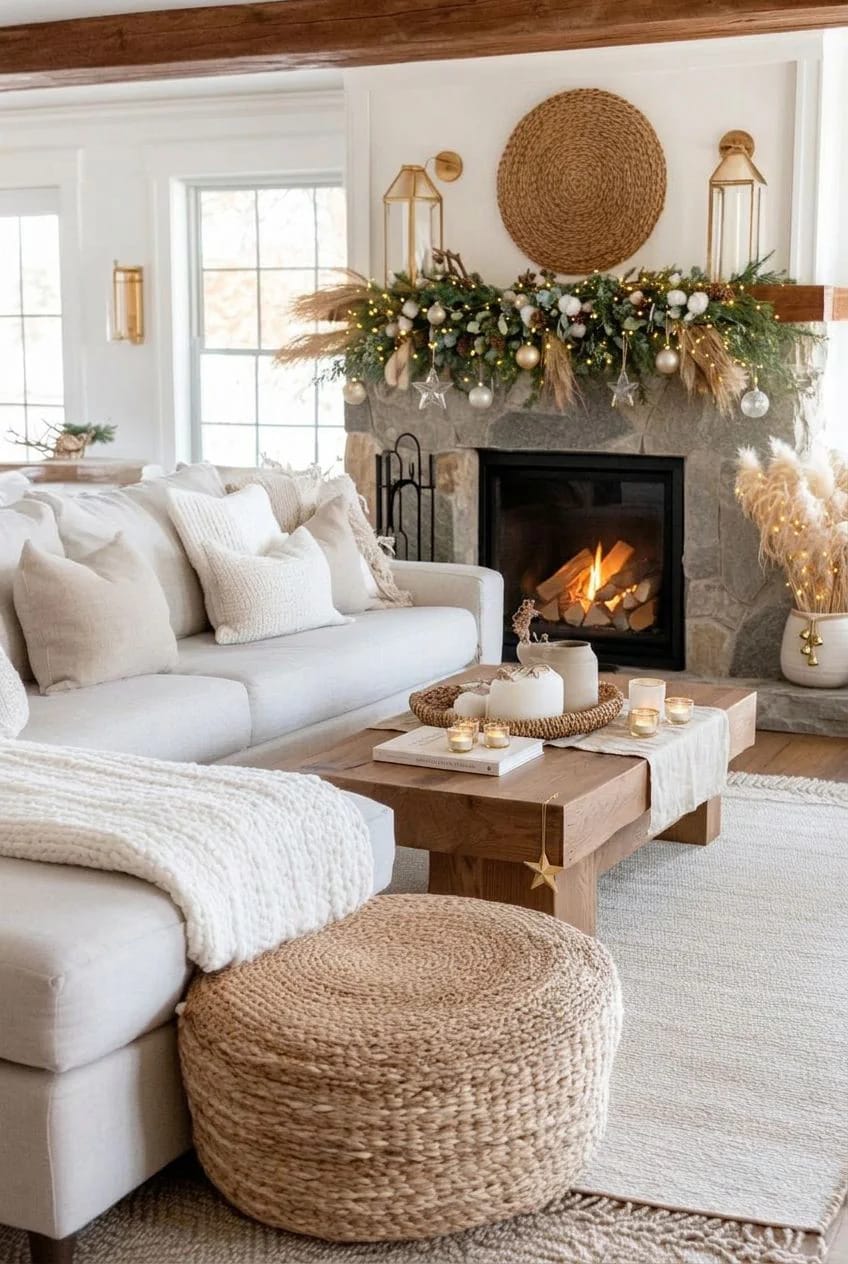 a neutral garland of eucalyptus, wheat and cotton for a quieter christmas mantel 1