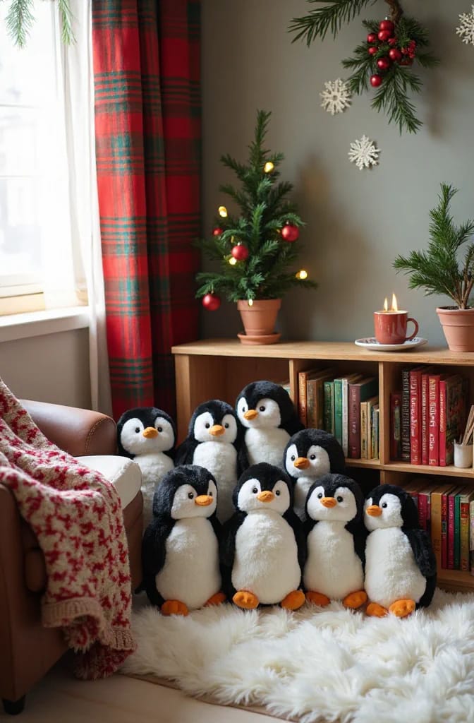 Indoor Penguin Christmas Decorations That Don't Look Like Lawn Ornaments 20 a penguin plush pile makes the cozy reading nook 17