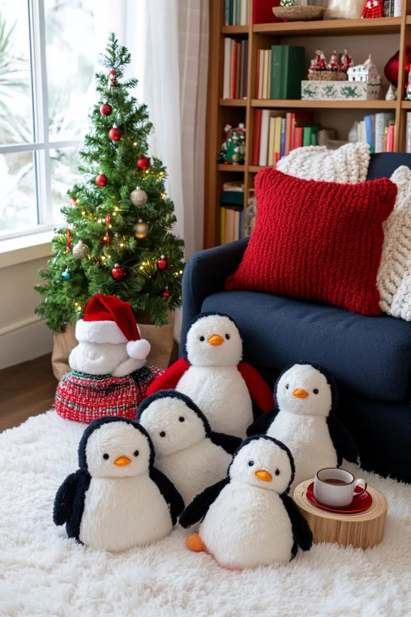 Indoor Penguin Christmas Decorations That Don't Look Like Lawn Ornaments 22 a penguin plush pile makes the cozy reading nook 19