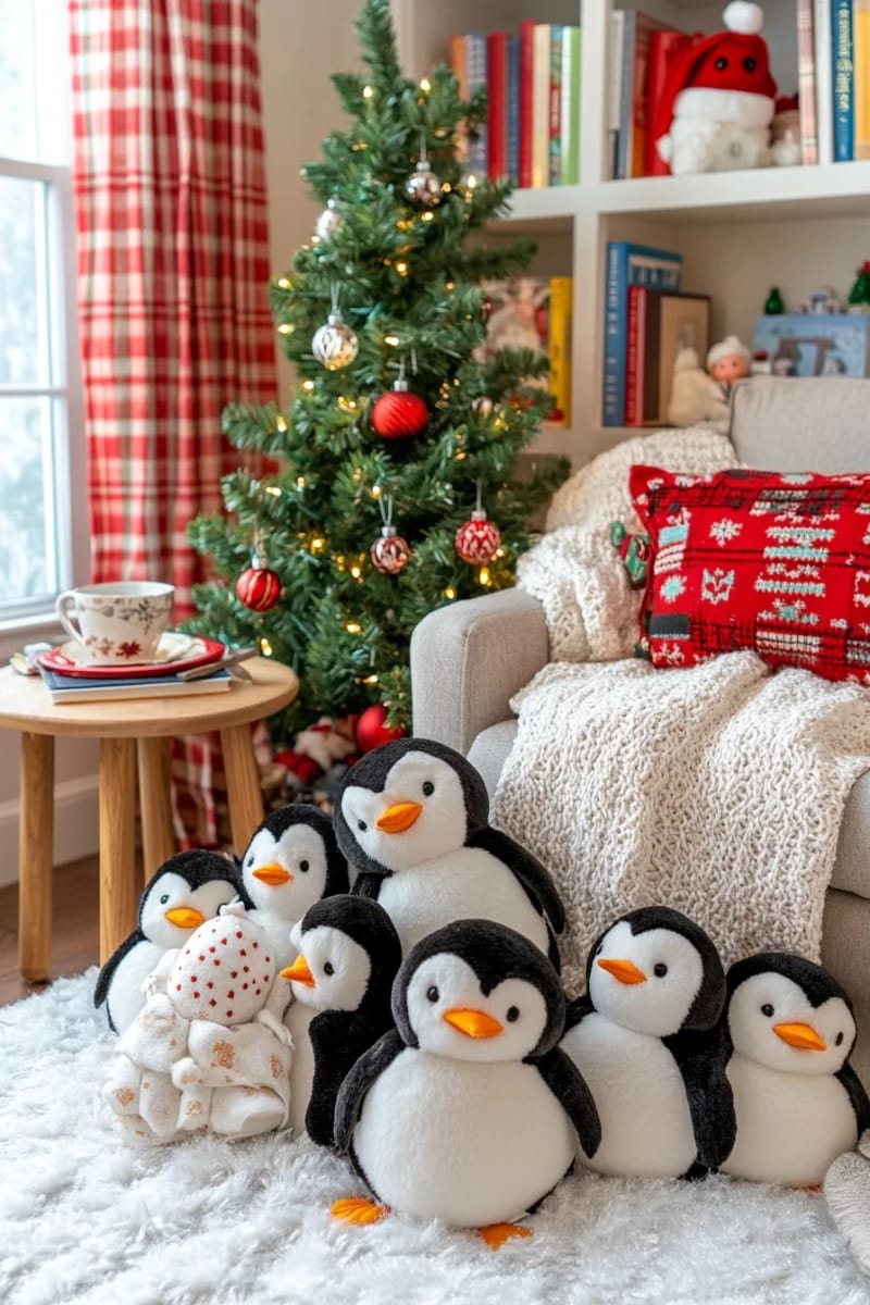 Indoor Penguin Christmas Decorations That Don't Look Like Lawn Ornaments 24 a penguin plush pile makes the cozy reading nook 21