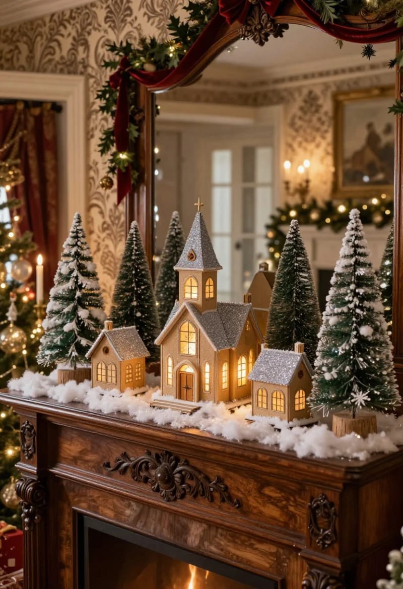Vintage and Victorian Christmas Decorating: 11 Ideas for a Faded, Heirloom Holiday 15 a putz village and bottle-brush trees belong on the mantel 1