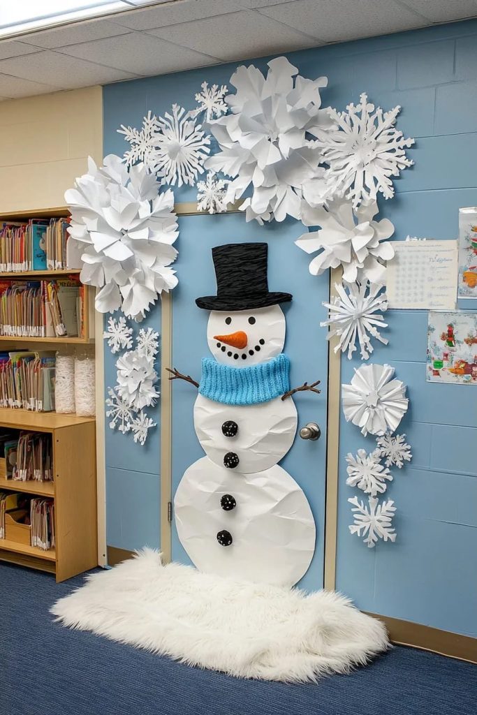 Christmas 11 A classroom door decorated with a large paper snowman wearing a top hat and blue scarf, surrounded by oversized paper snowflakes, illustrating a Christmas door decorating idea that works for January.