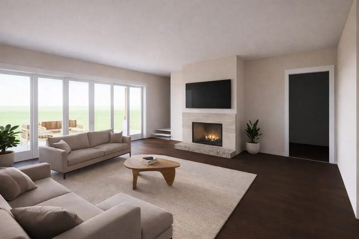 5-Bedroom New American House Plan with a 3-Car Side-Entry Garage (4,125 Sq. Ft. Floor Plan) 4 a stacked-stone fireplace wall and 20 by 22 feet of family room 1