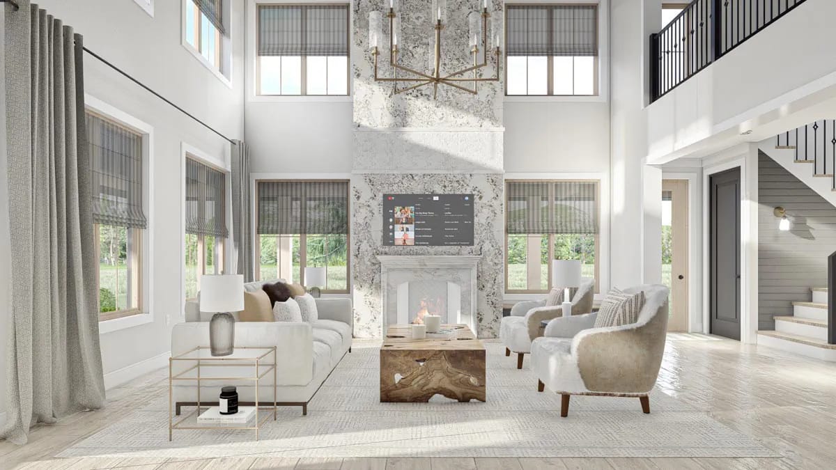 a two-story great room with a full-height marble chimney breast 1