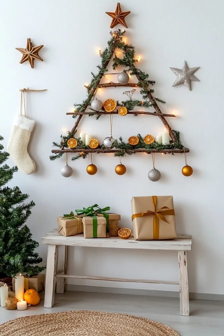 Christmas Decor Ideas Without a Fireplace: Where to Put the Focal Point Instead 6 a wall christmas tree frees the floor as well as the hearth 1