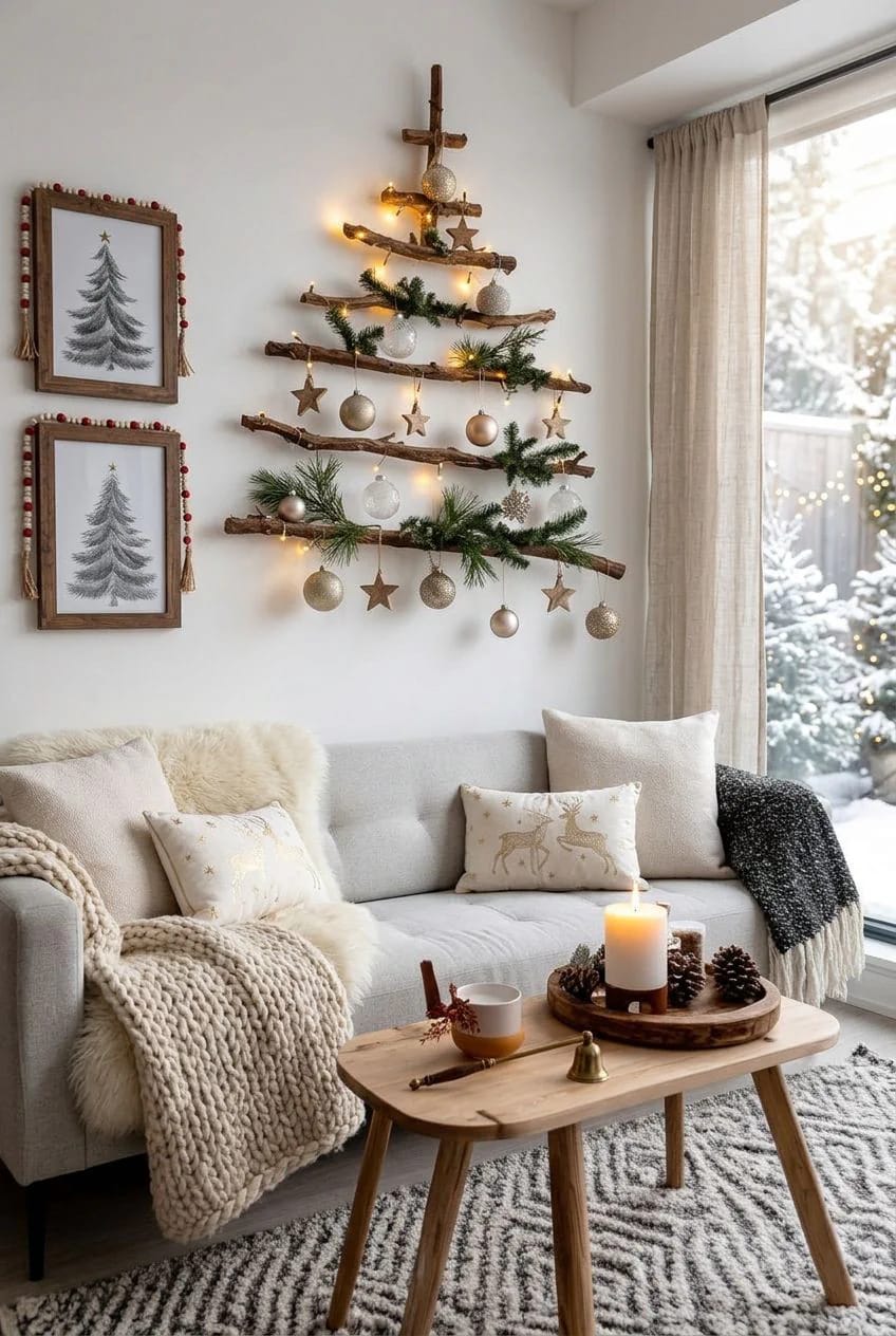 Christmas Decor Ideas Without a Fireplace: Where to Put the Focal Point Instead 7 a wall christmas tree frees the floor as well as the hearth 1
