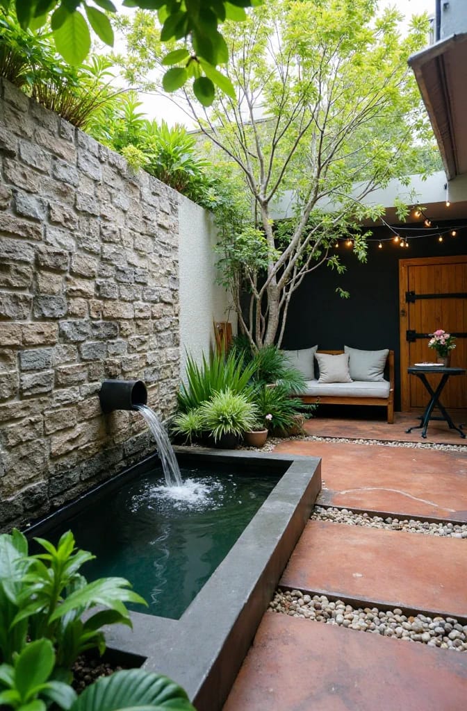 11 Small Backyard Ideas That Work in Under 400 Square Feet 23 a wall spout does more than a pond 1