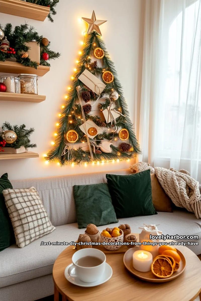 Last Minute DIY Christmas Decorations From Things You Already Have 13 a wall tree for when there is no tree 12
