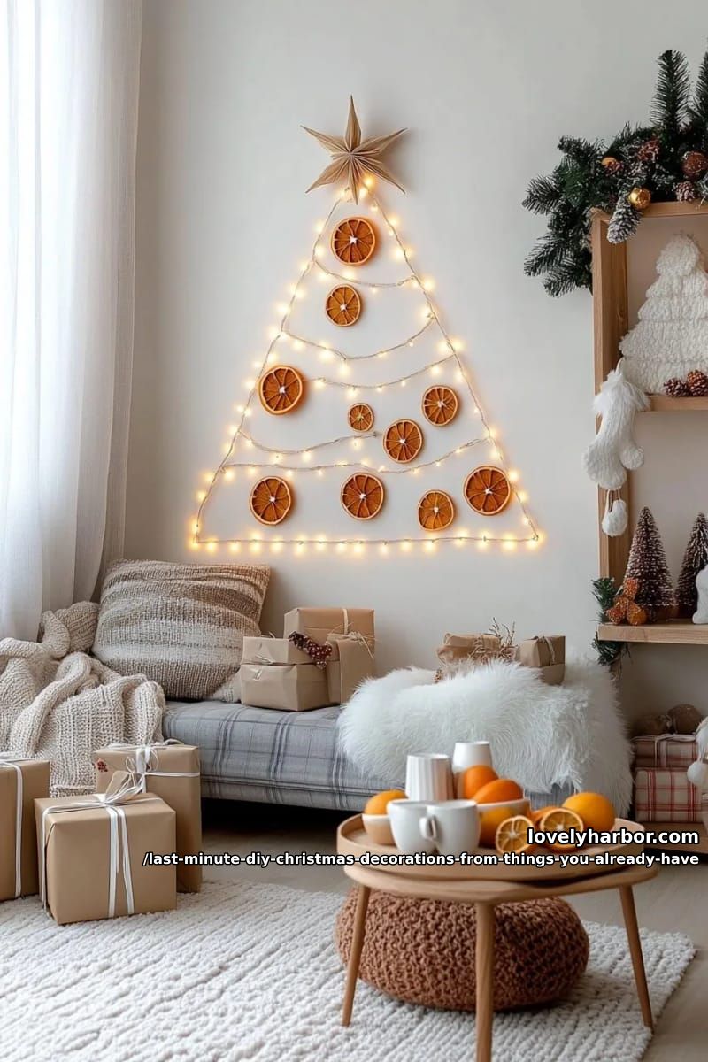 Last Minute DIY Christmas Decorations From Things You Already Have 14 a wall tree for when there is no tree 13