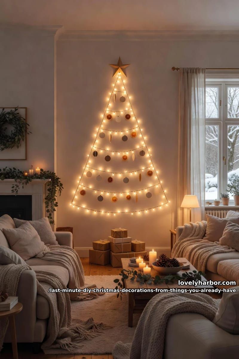 Last Minute DIY Christmas Decorations From Things You Already Have 15 a wall tree for when there is no tree 14