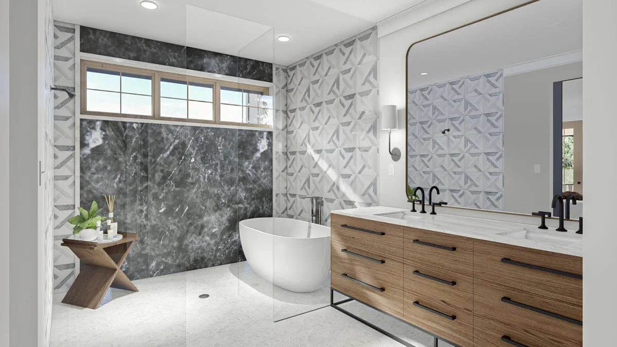 a wet room, a dark marble shower wall, and two vanities in the master bath 1