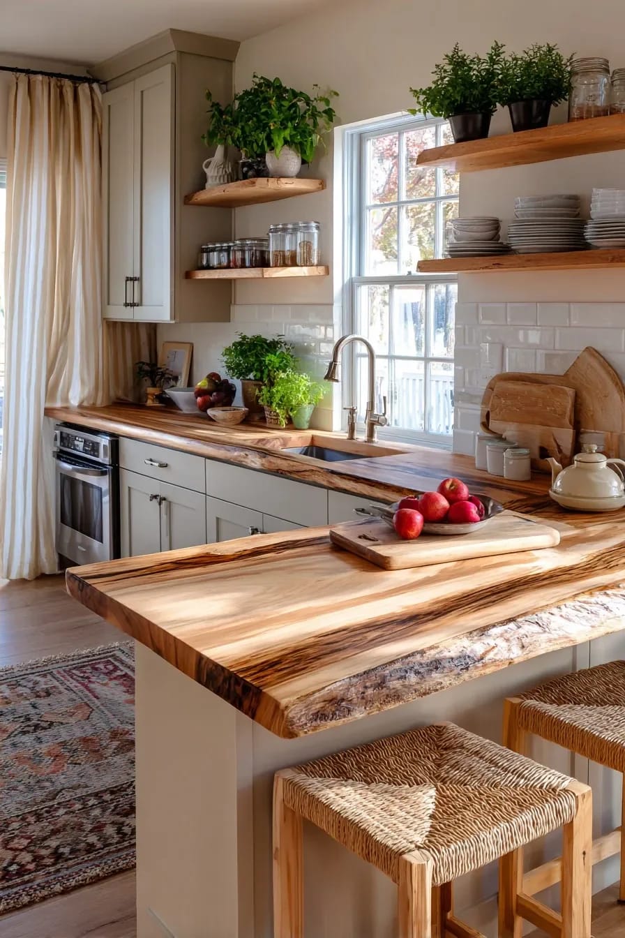 Cozy Kitchen Ideas That Actually Make You Want to Linger 5 a wood countertop warms a cozy kitchen faster than a backsplash ever will 1