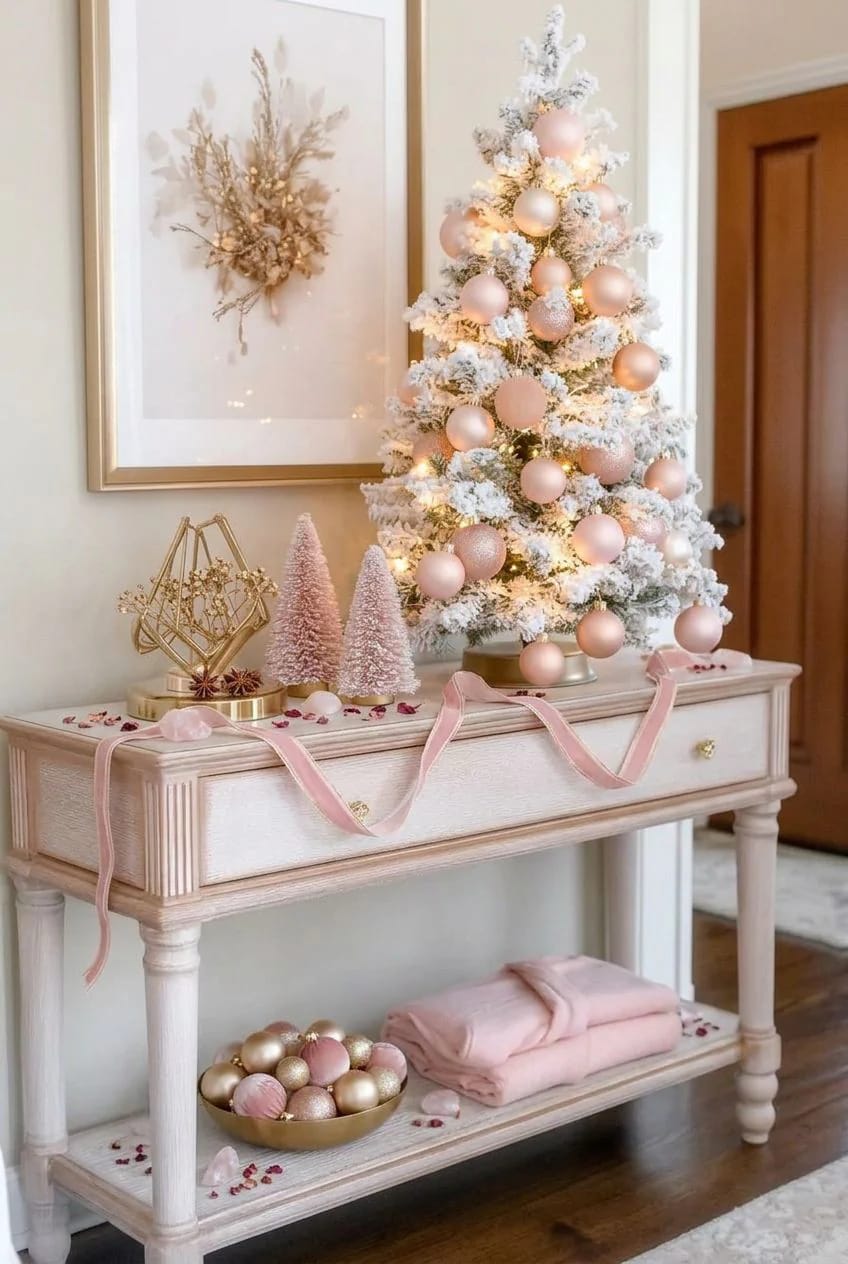 Pink Christmas Decor Ideas for a Glam Living Room 18 add a lit tabletop tree to the dark corner 1
