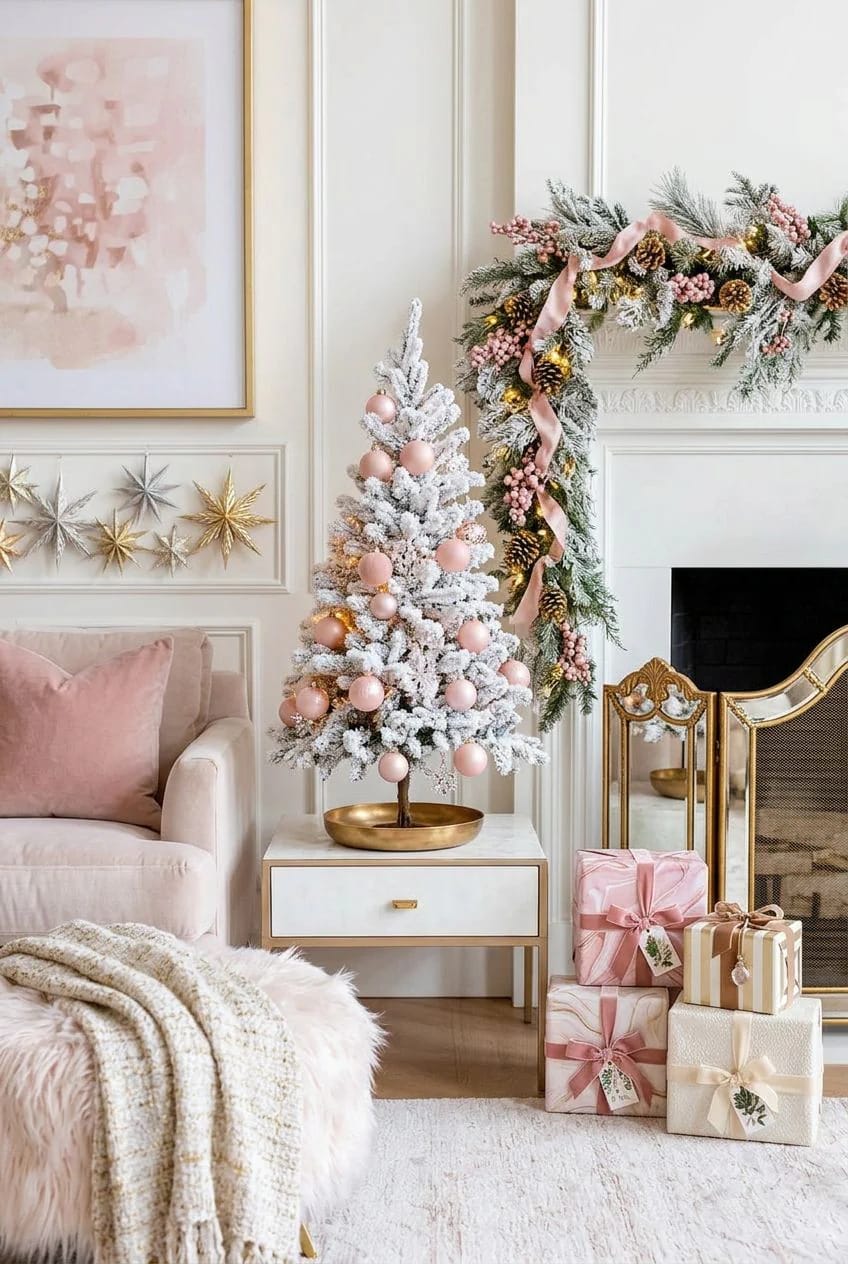 Pink Christmas Decor Ideas for a Glam Living Room 19 add a lit tabletop tree to the dark corner 1