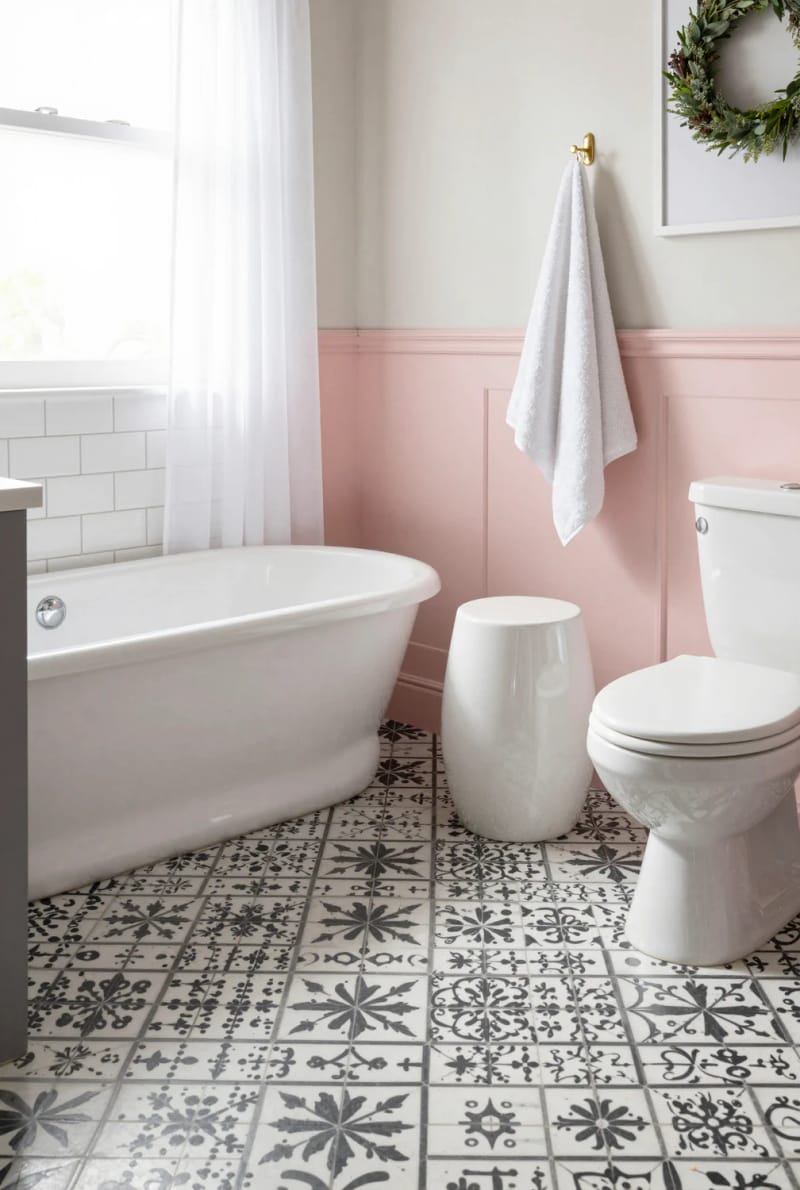 20 Pink Coastal Bathroom Ideas With a Breezy Finish 5 airy bathroom with pastel pink wainscoting and black and white patterned tiles. 1