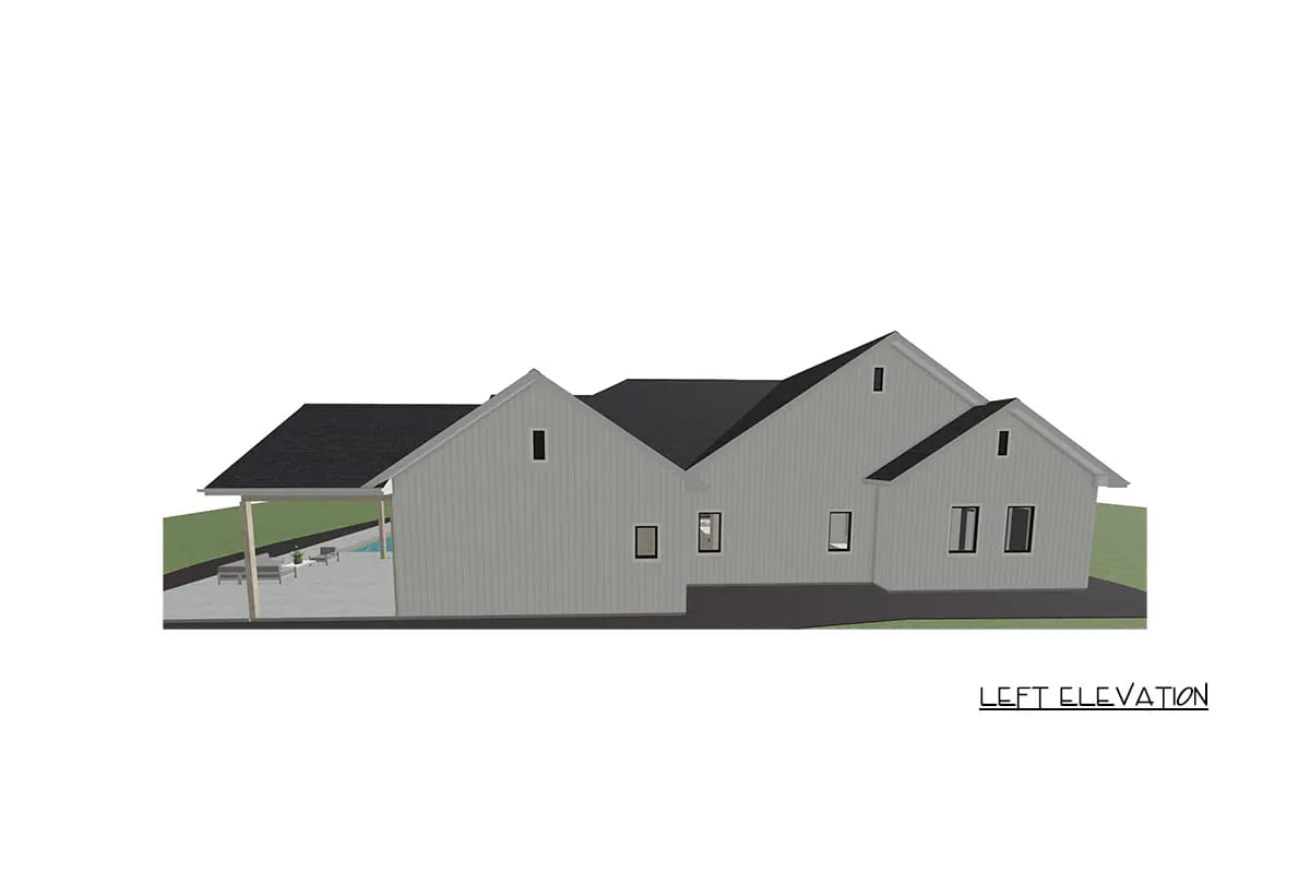 4-Bedroom Modern Farmhouse House Plan with a 52-Foot Covered Patio (3,544 Sq. Ft. Floor Plan) 8 an 8-in-12 roof, truss framing, and a second lower plane over the patio 1